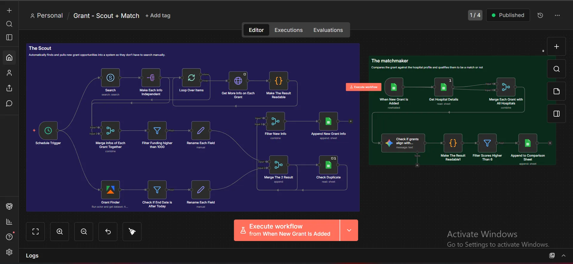 n8n workflow — Grant Scout + Match