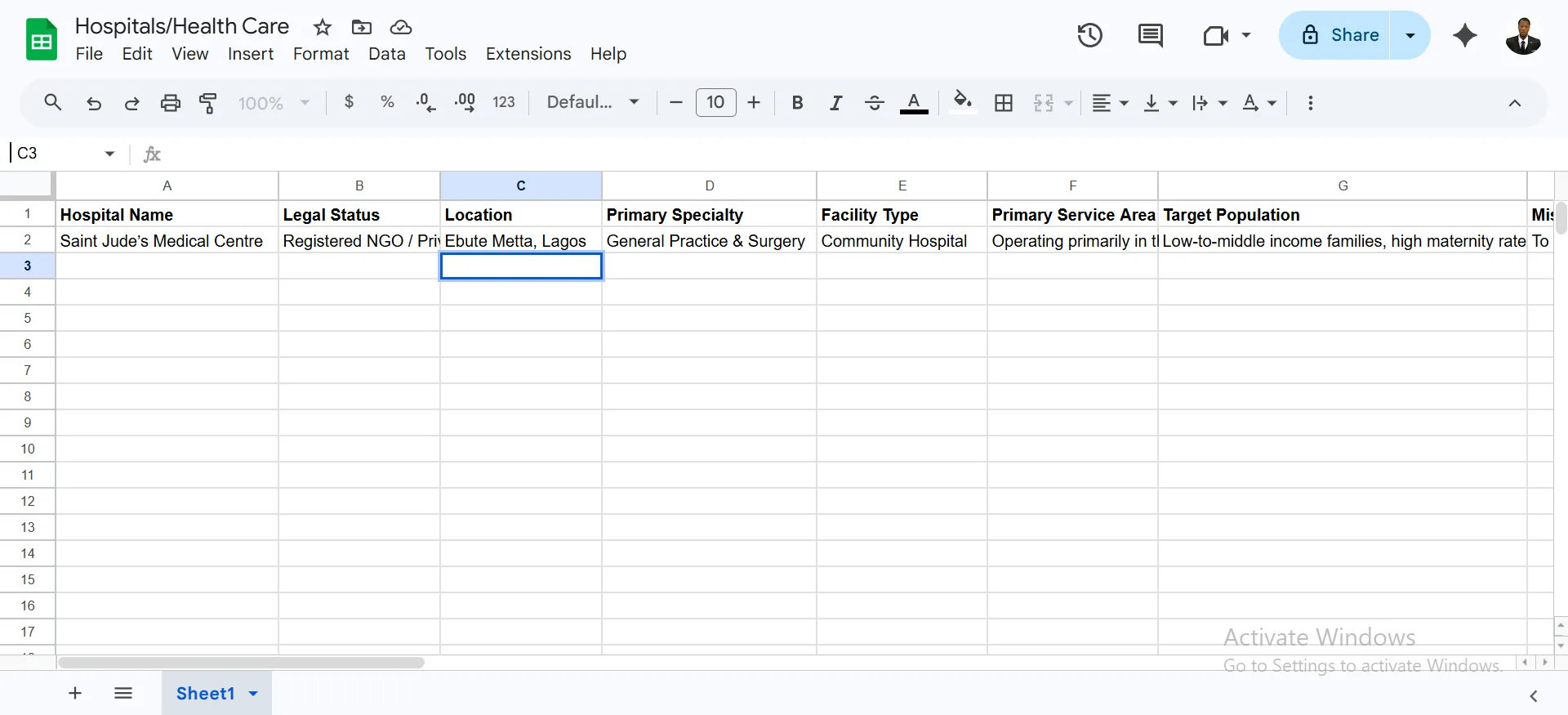 Hospital profile sheet