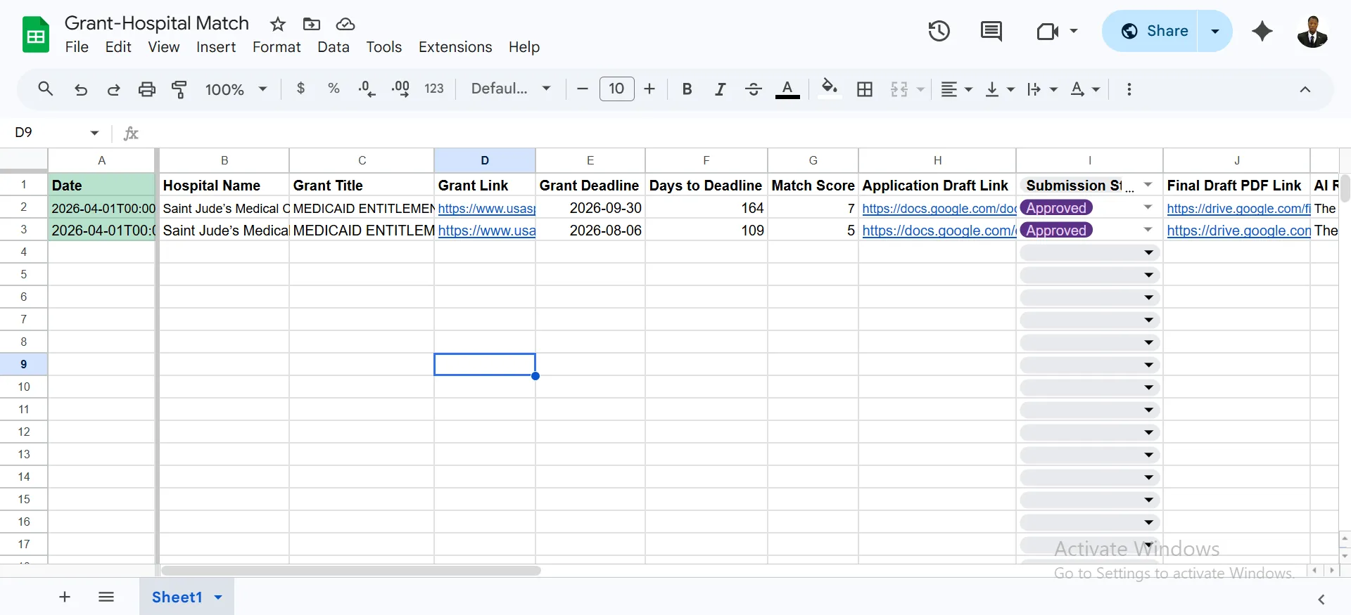 Grant–Hospital match tracker