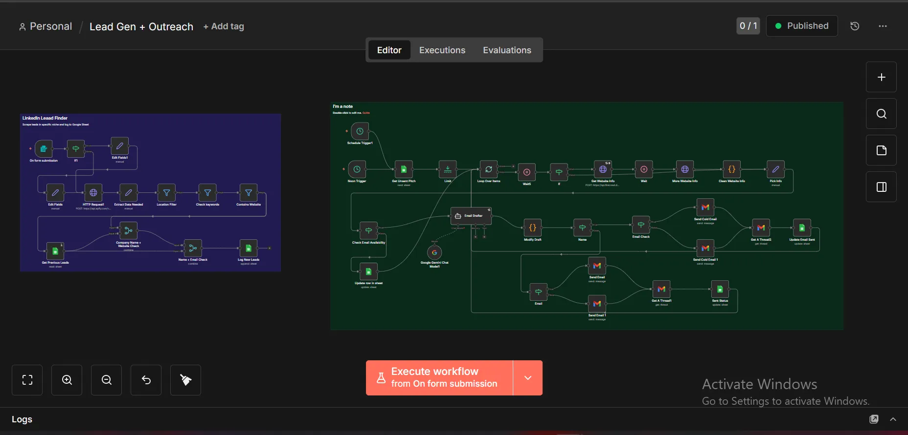 n8n workflow — Lead Gen + Outreach