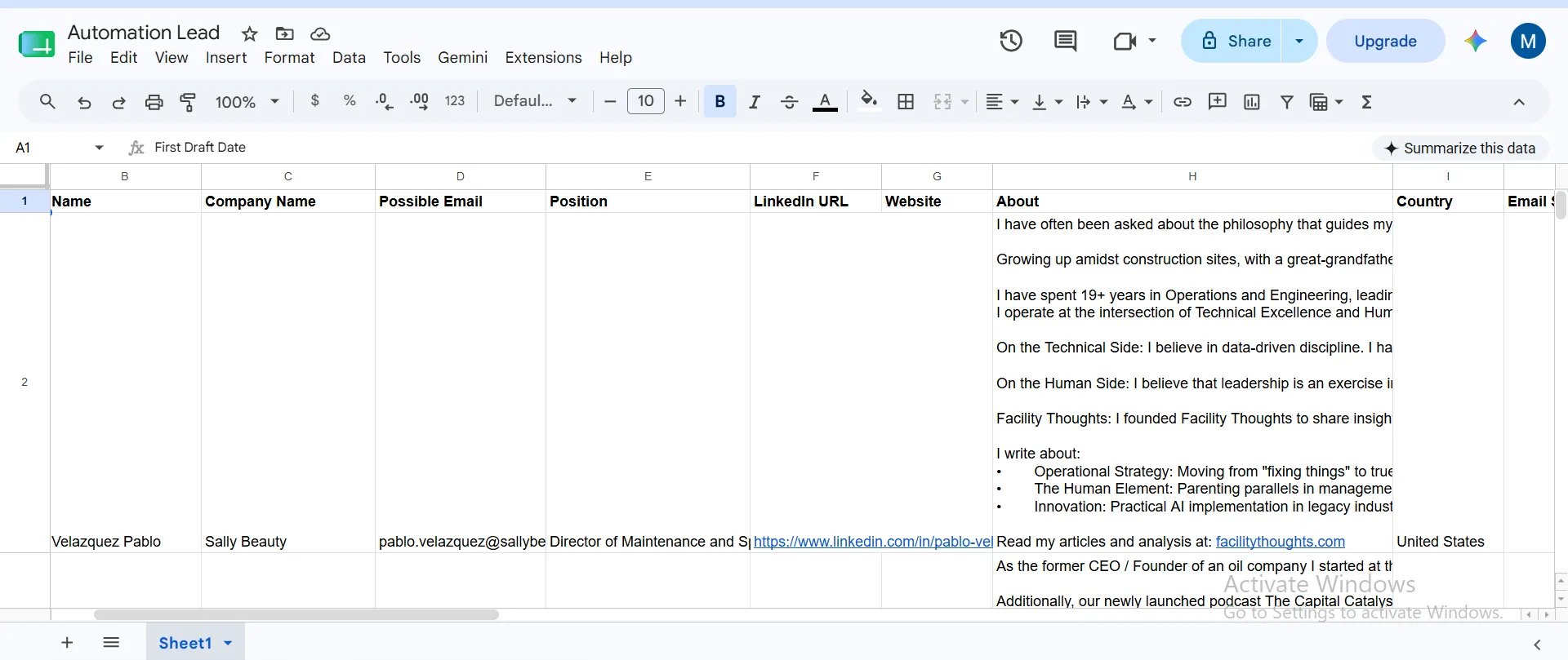 Automation Lead sheet