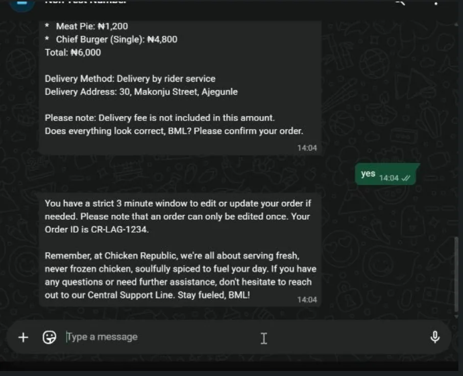 WhatsApp order confirmation