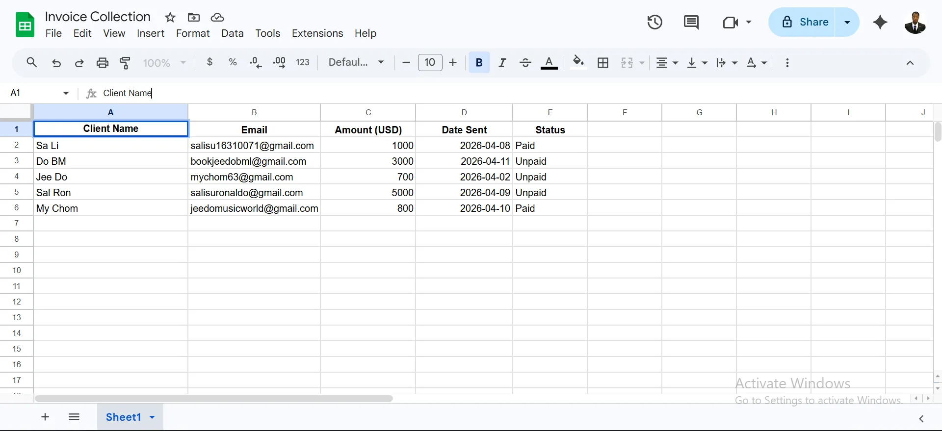 Invoice tracking sheet
