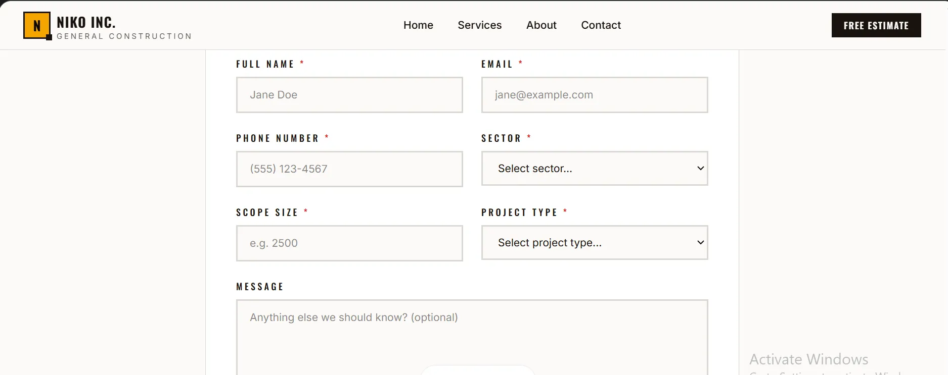 Website estimate request form