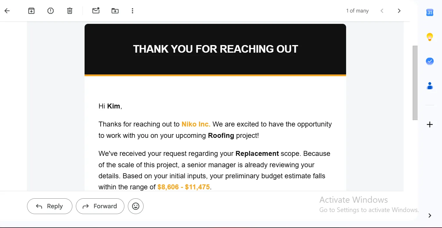 Branded quote email to the customer